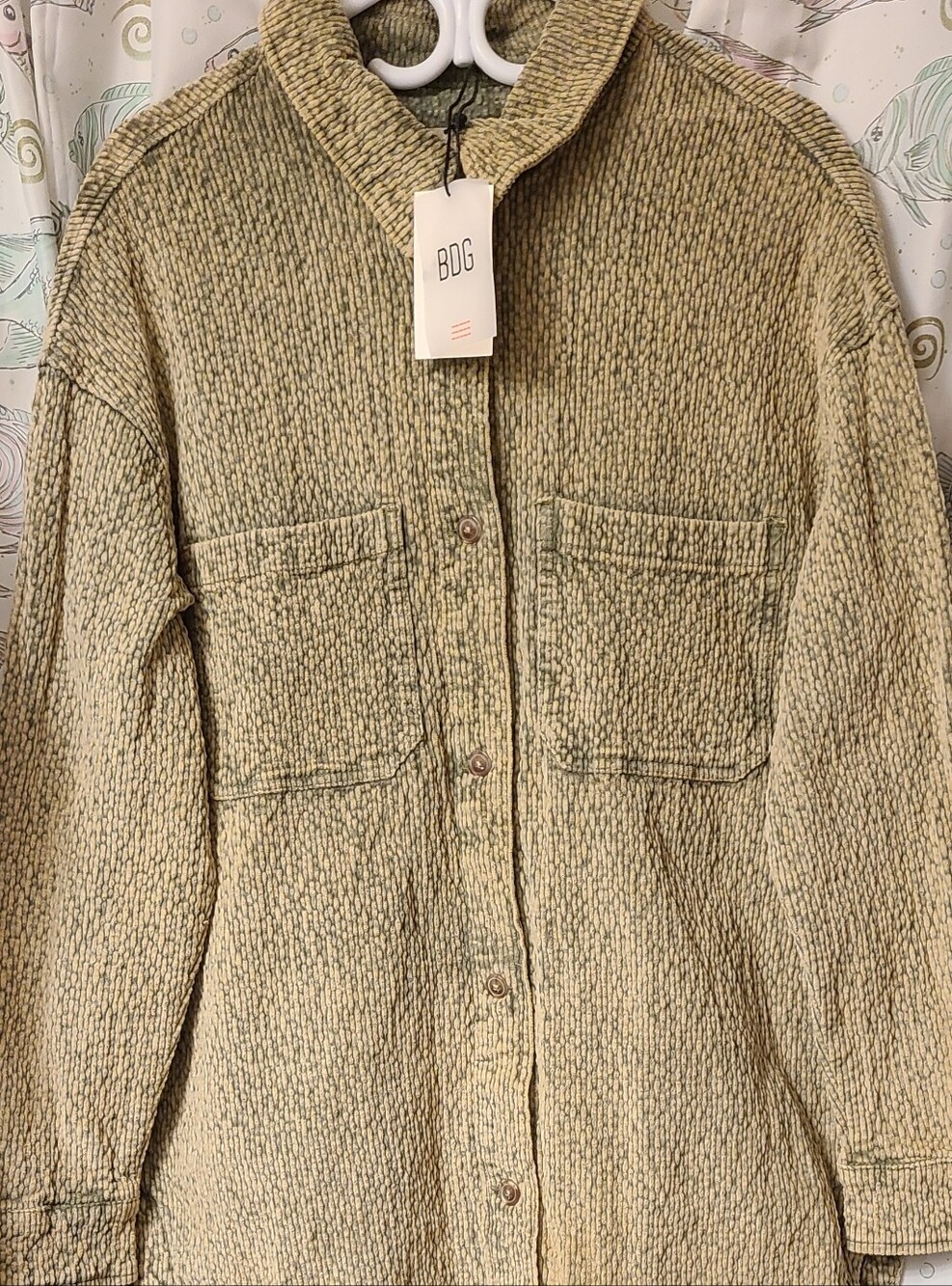 BDG Olive-Tone Textured Button Front Teddy Jacket